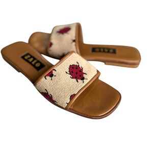 Zalo Ladybug Needlepoint Sandals Slides Cream